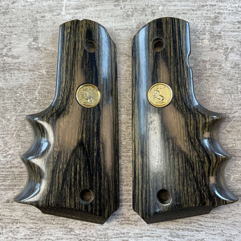 COLT 1911 WOOD WRAP AROUND GRIPS W/ FINGER GROOVES & GOLD COLT MEDALLIONS, JAMES EARL JONES COLLECTION #5-11733