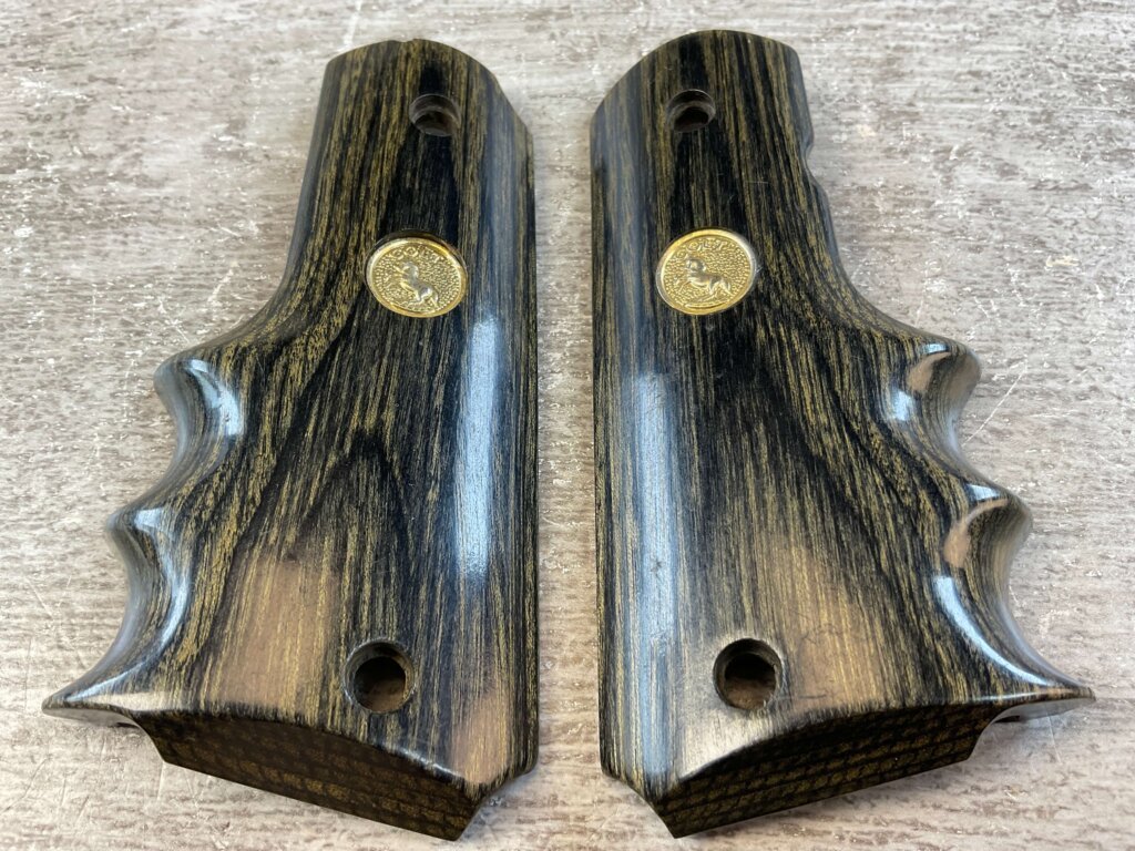 COLT 1911 WOOD WRAP AROUND GRIPS W/ FINGER GROOVES & GOLD COLT MEDALLIONS, JAMES EARL JONES COLLECTION #5-11733
