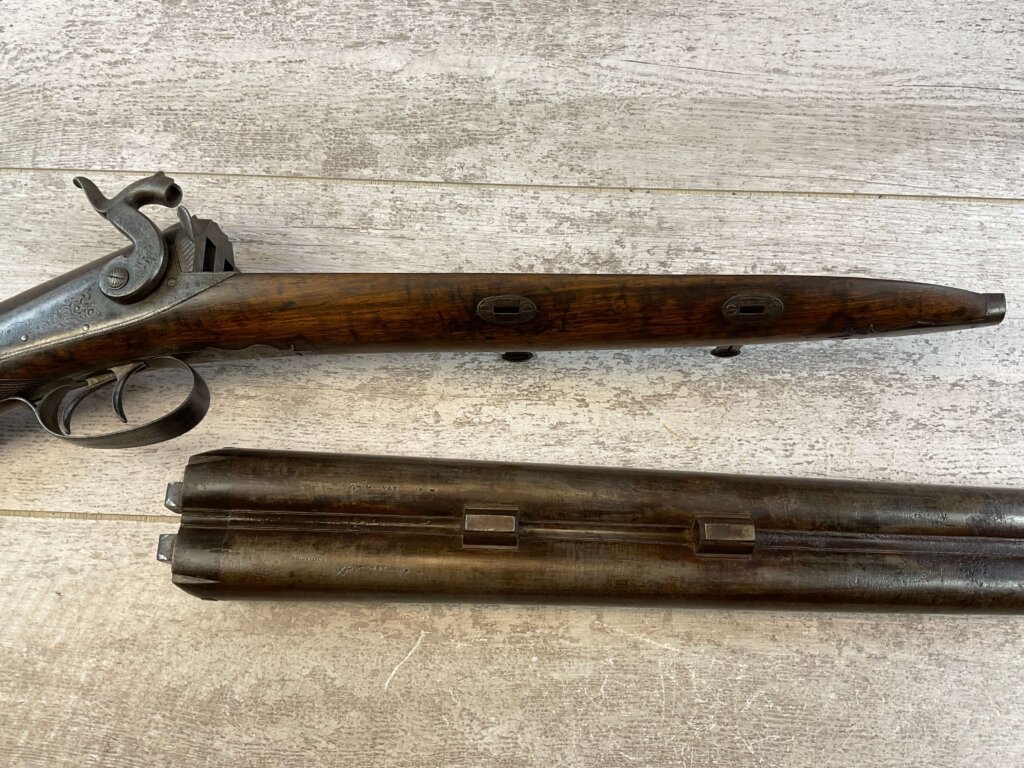 HOLLIS AND SHEATH LONDON 8GA. BLACK POWDER SXS DOUBLE BARREL DAMASCUS SHOTGUN, JAMES EARL JONES "FAVORITES" COLLECTION, ANTIQUE #5-11080