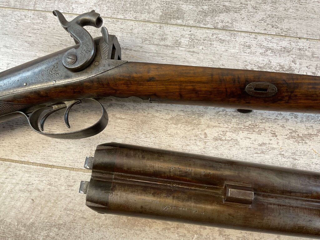 HOLLIS AND SHEATH LONDON 8GA. BLACK POWDER SXS DOUBLE BARREL DAMASCUS SHOTGUN, JAMES EARL JONES "FAVORITES" COLLECTION, ANTIQUE #5-11080