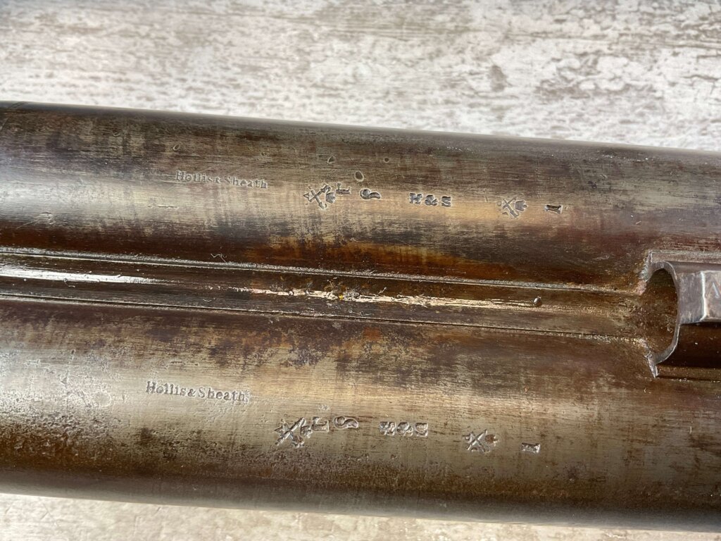 HOLLIS AND SHEATH LONDON 8GA. BLACK POWDER SXS DOUBLE BARREL DAMASCUS SHOTGUN, JAMES EARL JONES "FAVORITES" COLLECTION, ANTIQUE #5-11080