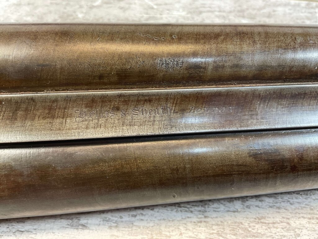 HOLLIS AND SHEATH LONDON 8GA. BLACK POWDER SXS DOUBLE BARREL DAMASCUS SHOTGUN, JAMES EARL JONES "FAVORITES" COLLECTION, ANTIQUE #5-11080