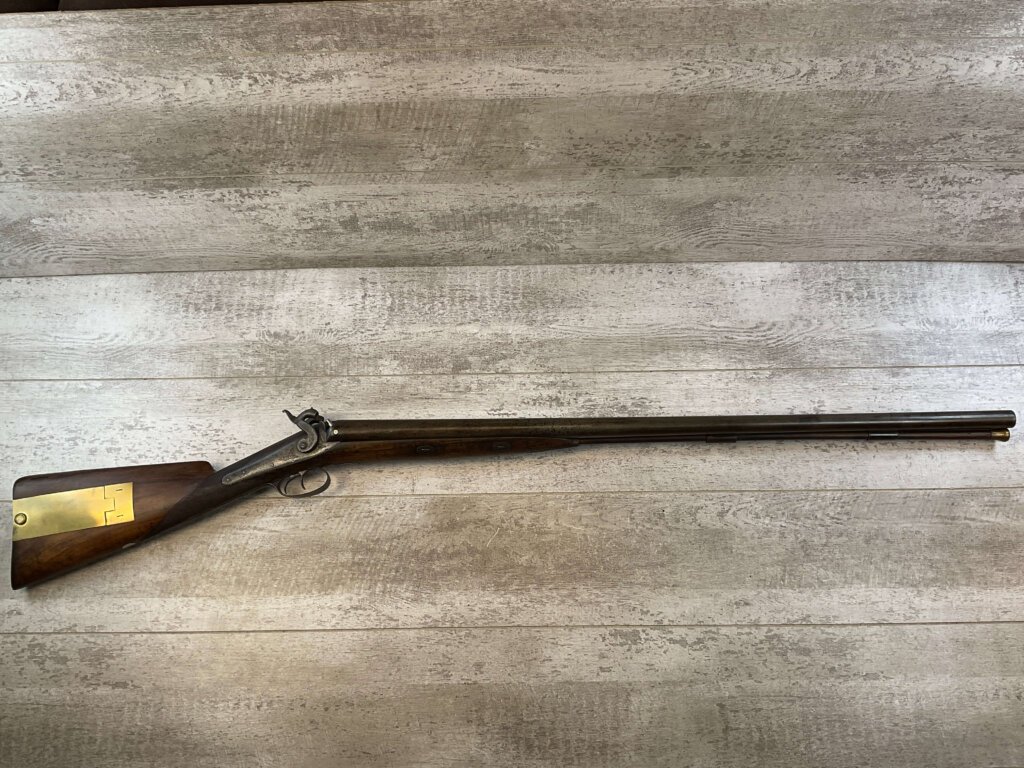 HOLLIS AND SHEATH LONDON 8GA. BLACK POWDER SXS DOUBLE BARREL DAMASCUS SHOTGUN, JAMES EARL JONES "FAVORITES" COLLECTION, ANTIQUE #5-11080