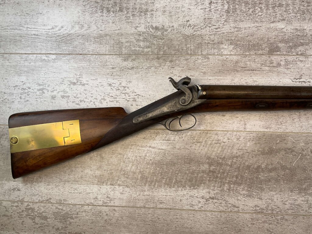 HOLLIS AND SHEATH LONDON 8GA. BLACK POWDER SXS DOUBLE BARREL DAMASCUS SHOTGUN, JAMES EARL JONES "FAVORITES" COLLECTION, ANTIQUE #5-11080