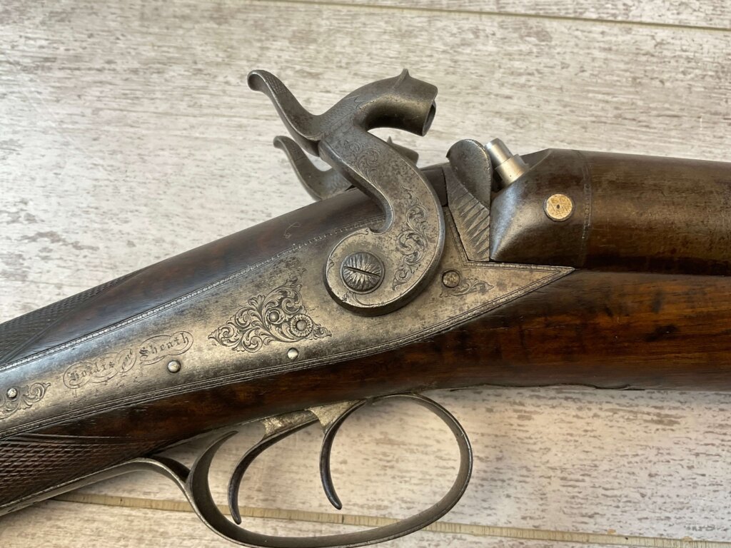 HOLLIS AND SHEATH LONDON 8GA. BLACK POWDER SXS DOUBLE BARREL DAMASCUS SHOTGUN, JAMES EARL JONES "FAVORITES" COLLECTION, ANTIQUE #5-11080