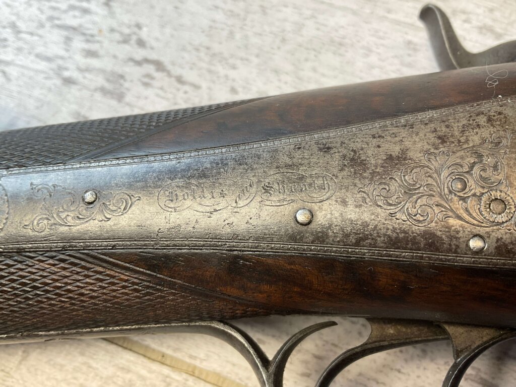 HOLLIS AND SHEATH LONDON 8GA. BLACK POWDER SXS DOUBLE BARREL DAMASCUS SHOTGUN, JAMES EARL JONES "FAVORITES" COLLECTION, ANTIQUE #5-11080