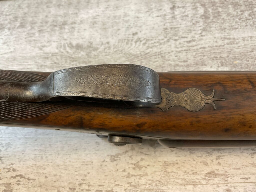 HOLLIS AND SHEATH LONDON 8GA. BLACK POWDER SXS DOUBLE BARREL DAMASCUS SHOTGUN, JAMES EARL JONES "FAVORITES" COLLECTION, ANTIQUE #5-11080