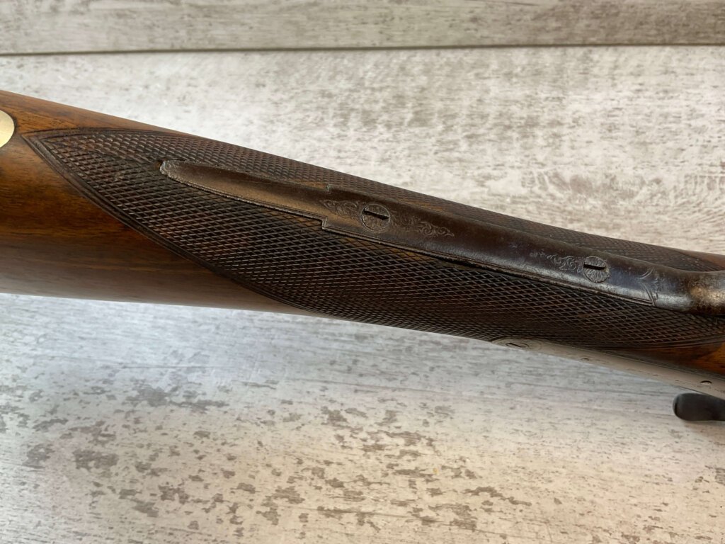 HOLLIS AND SHEATH LONDON 8GA. BLACK POWDER SXS DOUBLE BARREL DAMASCUS SHOTGUN, JAMES EARL JONES "FAVORITES" COLLECTION, ANTIQUE #5-11080