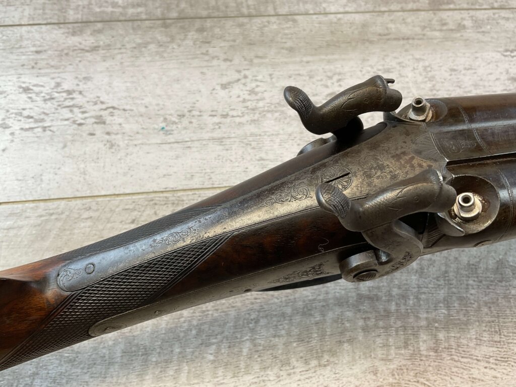 HOLLIS AND SHEATH LONDON 8GA. BLACK POWDER SXS DOUBLE BARREL DAMASCUS SHOTGUN, JAMES EARL JONES "FAVORITES" COLLECTION, ANTIQUE #5-11080