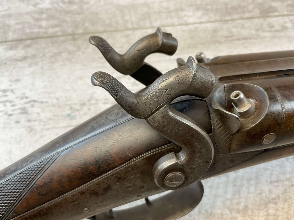 HOLLIS AND SHEATH LONDON 8GA. BLACK POWDER SXS DOUBLE BARREL DAMASCUS SHOTGUN, JAMES EARL JONES "FAVORITES" COLLECTION, ANTIQUE #5-11080