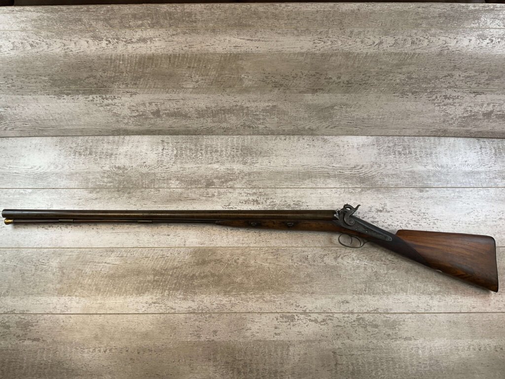 HOLLIS AND SHEATH LONDON 8GA. BLACK POWDER SXS DOUBLE BARREL DAMASCUS SHOTGUN, JAMES EARL JONES "FAVORITES" COLLECTION, ANTIQUE #5-11080