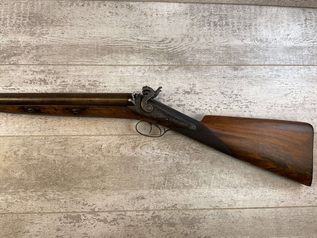 HOLLIS AND SHEATH LONDON 8GA. BLACK POWDER SXS DOUBLE BARREL DAMASCUS SHOTGUN, JAMES EARL JONES "FAVORITES" COLLECTION, ANTIQUE #5-11080