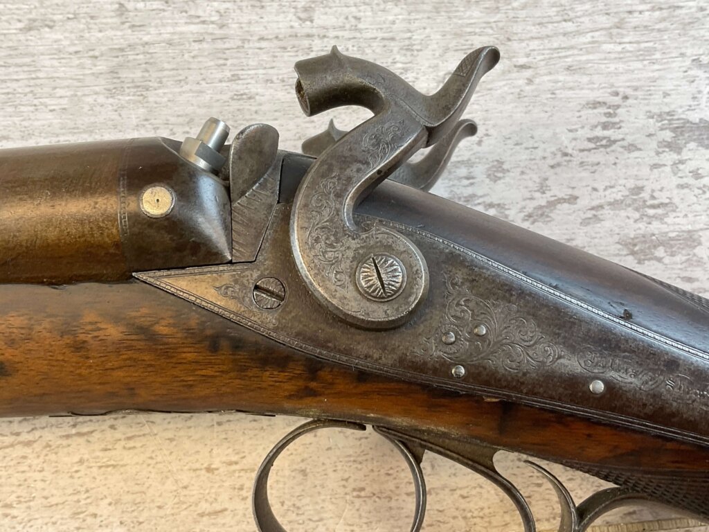 HOLLIS AND SHEATH LONDON 8GA. BLACK POWDER SXS DOUBLE BARREL DAMASCUS SHOTGUN, JAMES EARL JONES "FAVORITES" COLLECTION, ANTIQUE #5-11080