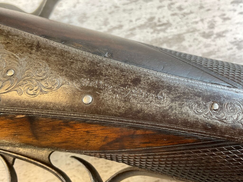 HOLLIS AND SHEATH LONDON 8GA. BLACK POWDER SXS DOUBLE BARREL DAMASCUS SHOTGUN, JAMES EARL JONES "FAVORITES" COLLECTION, ANTIQUE #5-11080