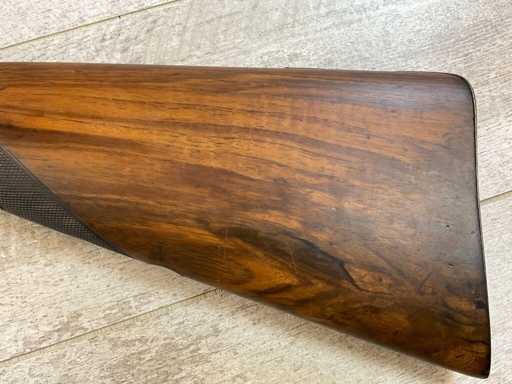 HOLLIS AND SHEATH LONDON 8GA. BLACK POWDER SXS DOUBLE BARREL DAMASCUS SHOTGUN, JAMES EARL JONES "FAVORITES" COLLECTION, ANTIQUE #5-11080