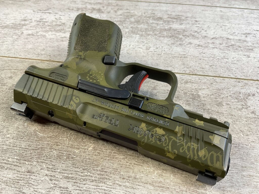 CANIK TP9 ELITE SUB-COMPACT 9MM WE THE PEOPLE GREEN CAMO SEMI AUTO PISTOL, MINTY, LIKE NEW #6-06001-PF