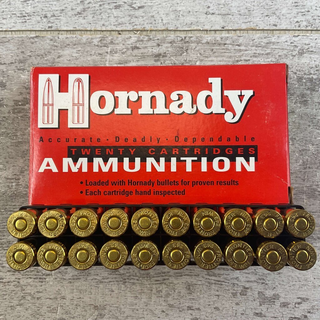 HORNADY 243 WIN., 58 GR. V-MAX MOLY COATED AMMO, FULL BOX, JAMES EARL JONES COLLECTION #5-11152-PF