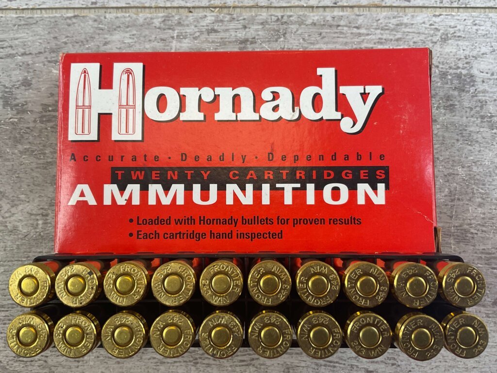 HORNADY 243 WIN., 58 GR. V-MAX MOLY COATED AMMO, FULL BOX, JAMES EARL JONES COLLECTION #5-11152-PF