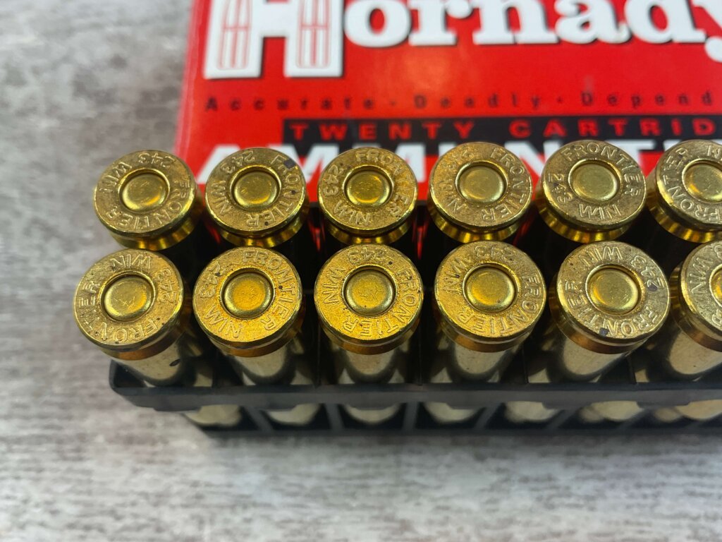 HORNADY 243 WIN., 58 GR. V-MAX MOLY COATED AMMO, FULL BOX, JAMES EARL JONES COLLECTION #5-11152-PF