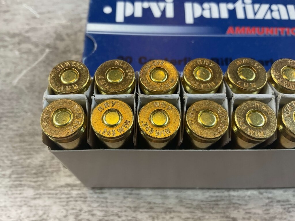 PRVI PARTIZAN 243 WIN., 90 GR. SP AMMO, FULL BOX, JAMES EARL JONES COLLECTION #5-11154-PF