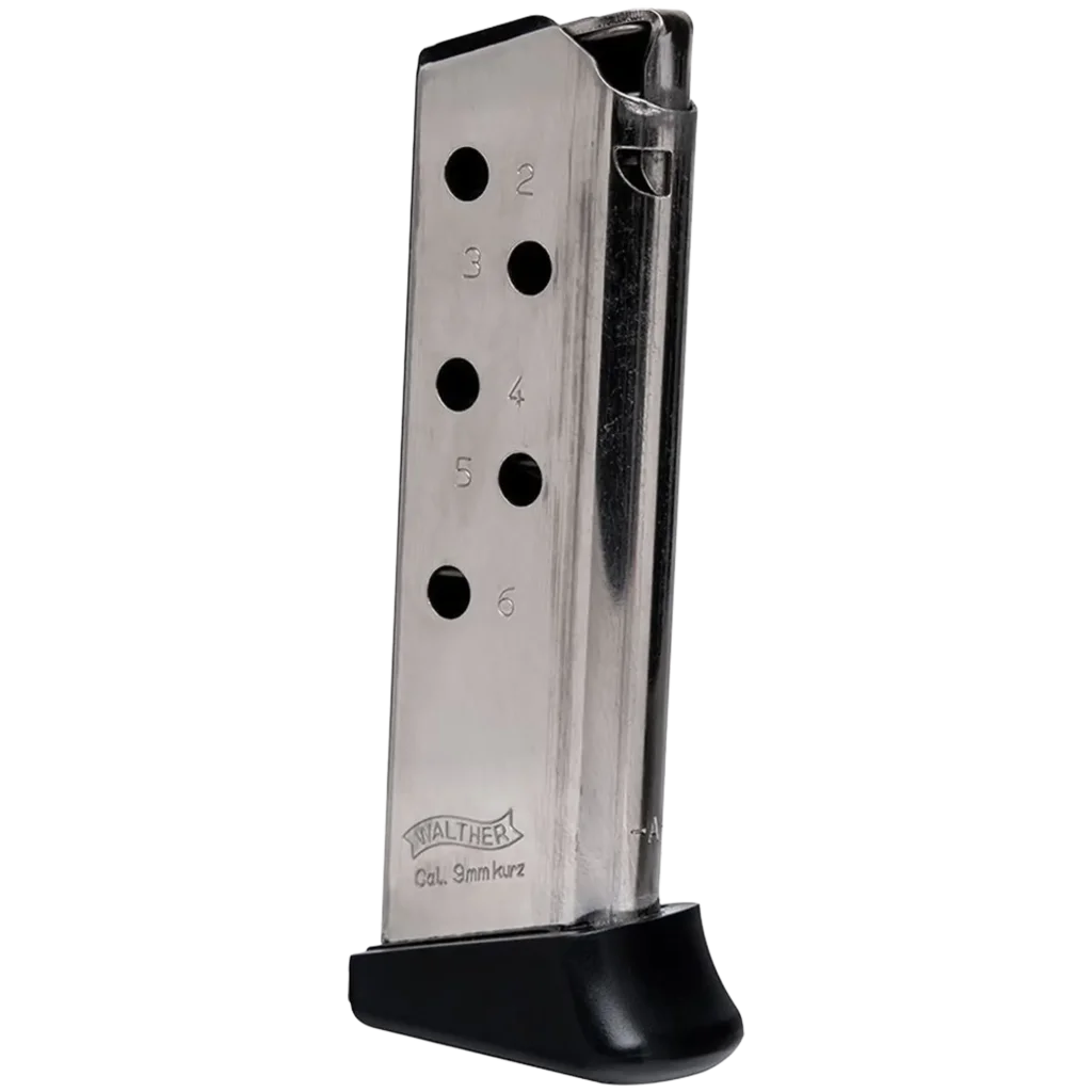WALTHER .380 ACP PPK 6-ROUND ERGONOMIC FINGER REST MAG, NICKEL #6-07007-PF