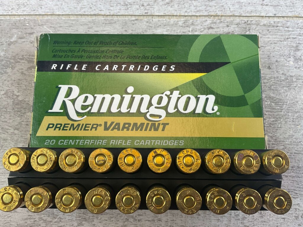 REMINGTON PREMIER VARMINT 243 WIN., 75 GR. V-MAX BOAT TAIL AMMO, FULL BOX, JAMES EARL JONES COLLECTION #5-11160-PF