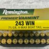 REMINGTON PREMIER VARMINT 243 WIN., 75 GR. V-MAX BOAT TAIL AMMO, FULL BOX, JAMES EARL JONES COLLECTION #5-11160-PF