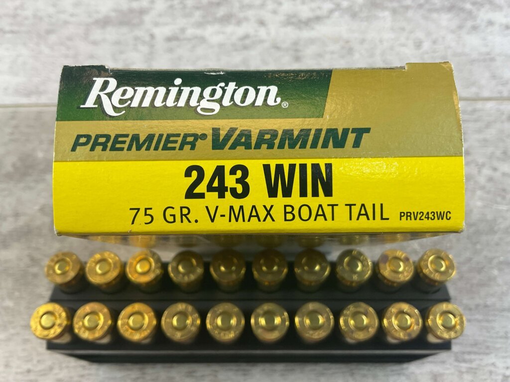 REMINGTON PREMIER VARMINT 243 WIN., 75 GR. V-MAX BOAT TAIL AMMO, FULL BOX, JAMES EARL JONES COLLECTION #5-11160-PF