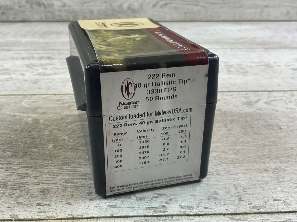 NOSLER CUSTOM 222 REM., 40 GR. BALLISTIC TIP 3330 FPS AMMO, FULL, UNOPENED BOX (QTY 50), JAMES EARL JONES COLLECTION #5-11129-PF
