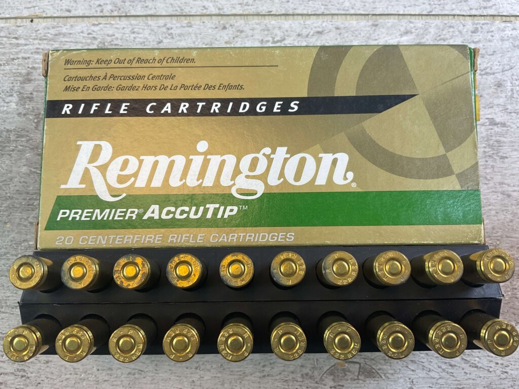 REMINGTON PREMIER ACCUTIP 222 REM., 50 GR. ACCUTIP V-BOAT TAIL AMMO, FULL BOX (QTY 20), JAMES EARL JONES COLLECTION #5-11134-PF