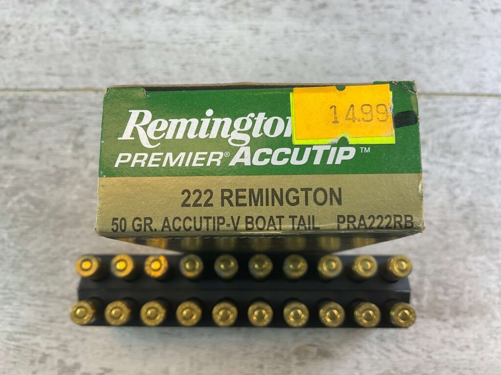 REMINGTON PREMIER ACCUTIP 222 REM., 50 GR. ACCUTIP V-BOAT TAIL AMMO, FULL BOX (QTY 20), JAMES EARL JONES COLLECTION #5-11134-PF
