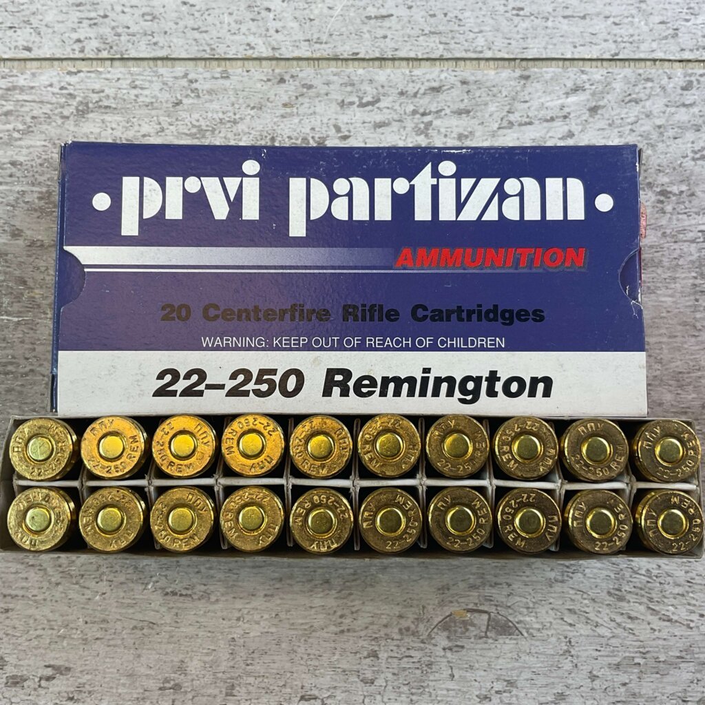 PRVI PARTIZAN 22-250 REMINGTON, 55 GR. FMJ BT AMMO, FULL BOX (QTY 20), JAMES EARL JONES COLLECTION #5-11140-PF