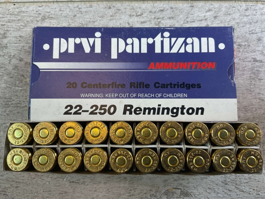 PRVI PARTIZAN 22-250 REMINGTON, 55 GR. FMJ BT AMMO, FULL BOX (QTY 20), JAMES EARL JONES COLLECTION #5-11140-PF