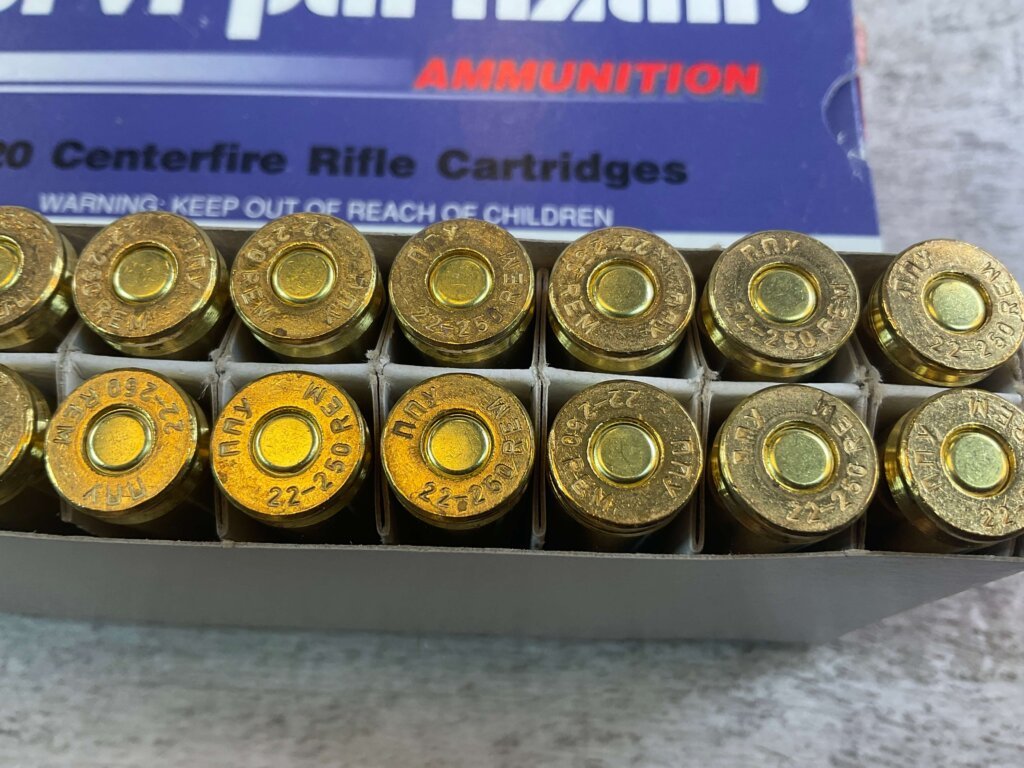 PRVI PARTIZAN 22-250 REMINGTON, 55 GR. FMJ BT AMMO, FULL BOX (QTY 20), JAMES EARL JONES COLLECTION #5-11140-PF