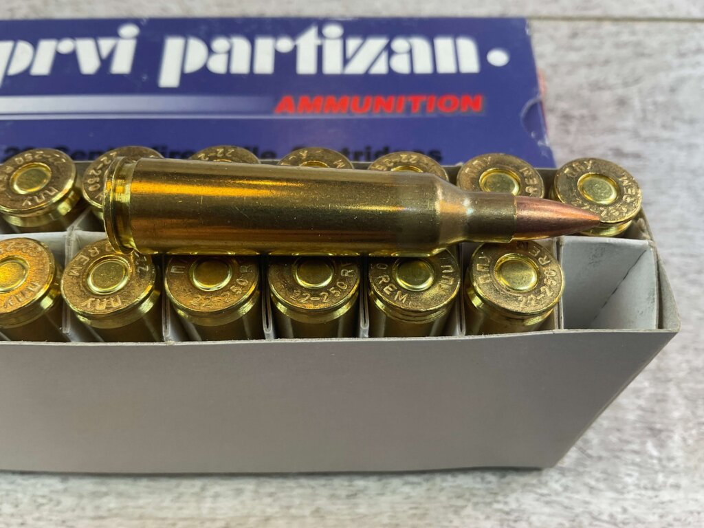 PRVI PARTIZAN 22-250 REMINGTON, 55 GR. FMJ BT AMMO, FULL BOX (QTY 20), JAMES EARL JONES COLLECTION #5-11140-PF
