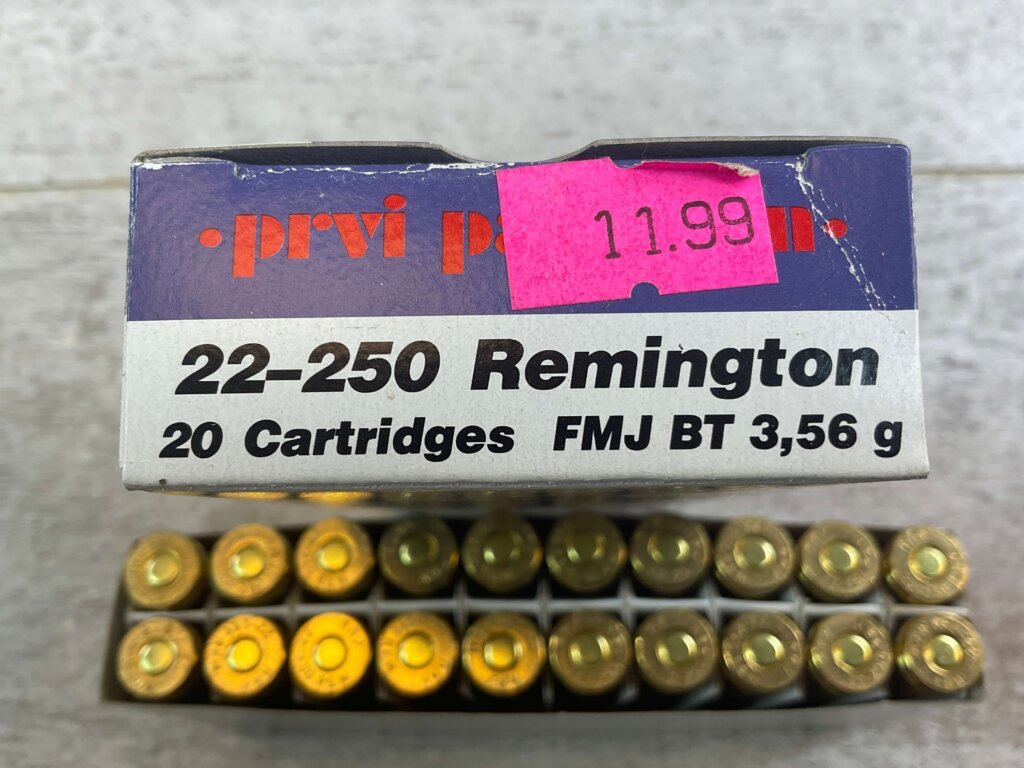 PRVI PARTIZAN 22-250 REMINGTON, 55 GR. FMJ BT AMMO, FULL BOX (QTY 20), JAMES EARL JONES COLLECTION #5-11140-PF