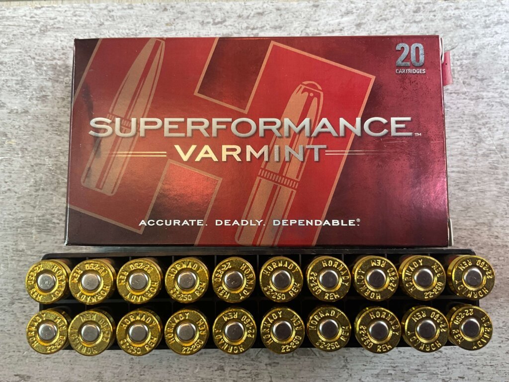 HORNADY SUPERFORMANCE VARMINT 22-250 REMINGTON, 50 GR. V-MAX AMMO, FULL BOX (QTY 20), JAMES EARL JONES COLLECTION #5-11142-PF