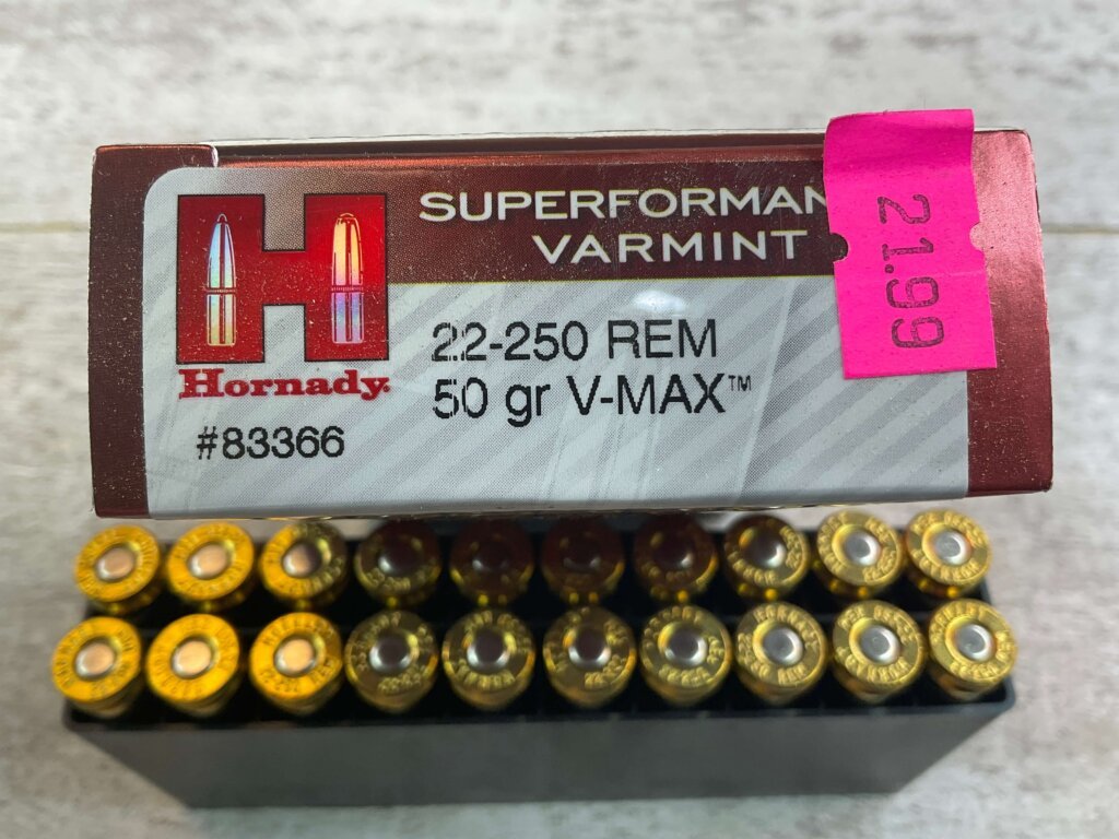 HORNADY SUPERFORMANCE VARMINT 22-250 REMINGTON, 50 GR. V-MAX AMMO, FULL BOX (QTY 20), JAMES EARL JONES COLLECTION #5-11142-PF