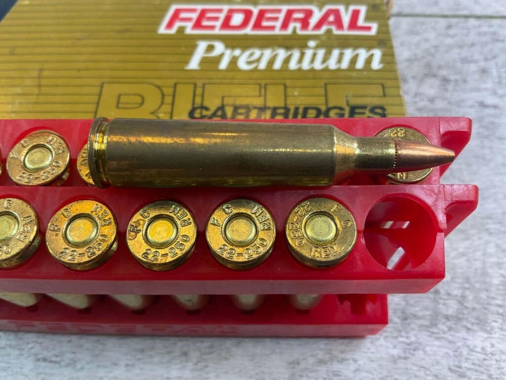 FEDERAL PREMIUM 22-250 REMINGTON, 40 GR. HP AMMO, FULL BOX (QTY 20), JAMES EARL JONES COLLECTION #5-11144-PF
