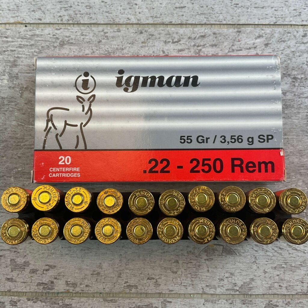 IGMAN 22-250 REMINGTON, 55 GR. SP AMMO, FULL BOX (QTY 20), JAMES EARL JONES COLLECTION #5-11145-PF
