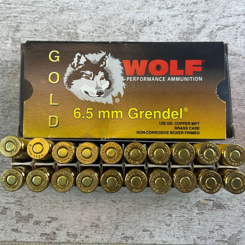 WOLF GOLD 6.5 GRENDEL, 120 GR. COPPER MPT, BRASS AMMO, FULL BOX, JAMES EARL JONES COLLECTION #5-11172-PF