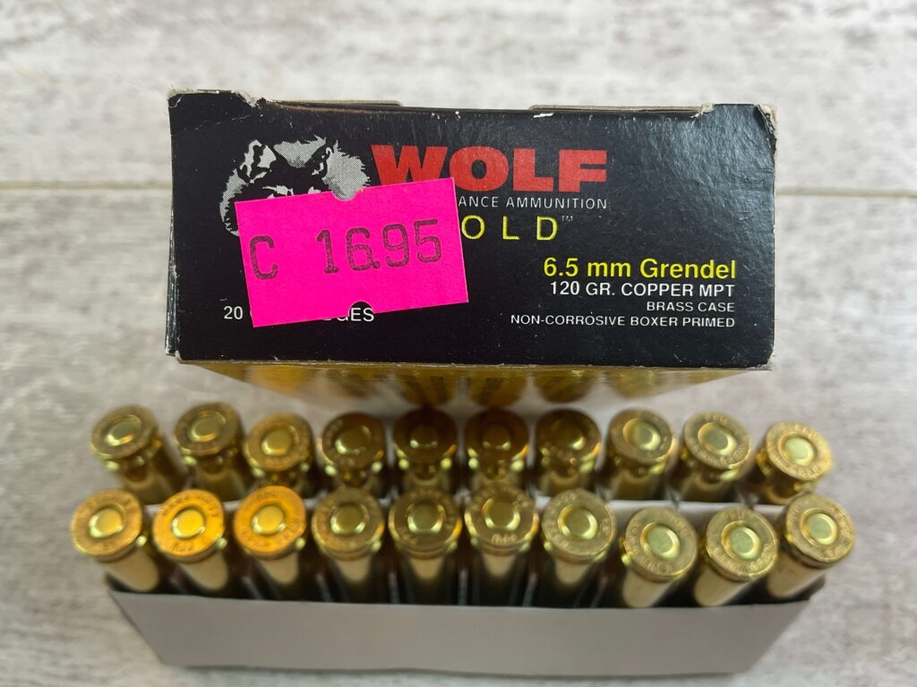 WOLF GOLD 6.5 GRENDEL, 120 GR. COPPER MPT, BRASS AMMO, FULL BOX, JAMES EARL JONES COLLECTION #5-11172-PF