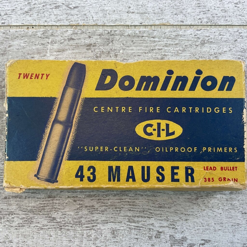 CANADIAN INDUSTRIES LIMITED DOMINION 43 MAUSER, 385 GR. LEAD BULLET AMMO, 8 ROUNDS W/ 2 SPENT #6-06701-KM