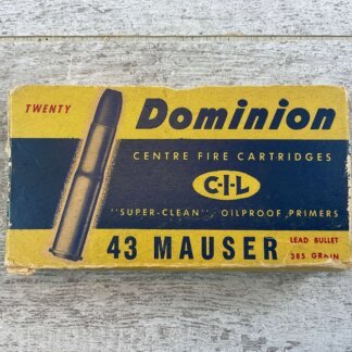 CANADIAN INDUSTRIES LIMITED DOMINION 43 MAUSER, 385 GR. LEAD BULLET AMMO, 8 ROUNDS W/ 2 SPENT #6-06701-KM