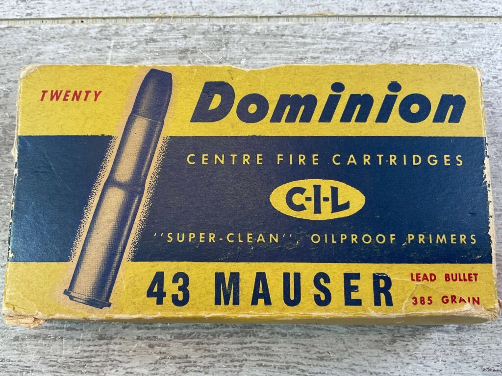 CANADIAN INDUSTRIES LIMITED DOMINION 43 MAUSER, 385 GR. LEAD BULLET AMMO, 8 ROUNDS W/ 2 SPENT #6-06701-KM