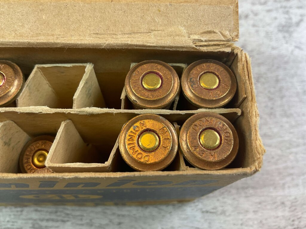 CANADIAN INDUSTRIES LIMITED DOMINION 43 MAUSER, 385 GR. LEAD BULLET AMMO, 8 ROUNDS W/ 2 SPENT #6-06701-KM