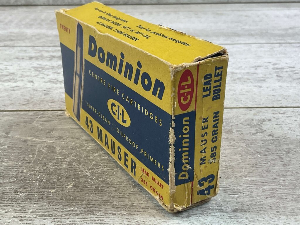 CANADIAN INDUSTRIES LIMITED DOMINION 43 MAUSER, 385 GR. LEAD BULLET AMMO, 8 ROUNDS W/ 2 SPENT #6-06701-KM