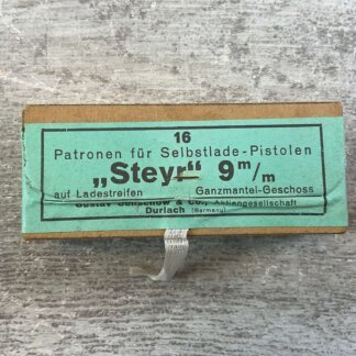 GUSTAV GENSCHOW & CO. (GECO) SINOXID 9MM STEYR AMMO, FULL BOX, RARE & VINTAGE #6-07023-PF