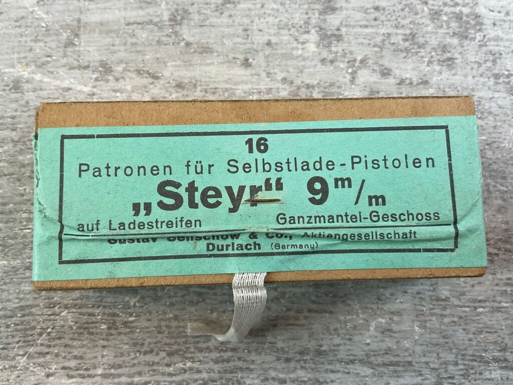 GUSTAV GENSCHOW & CO. (GECO) SINOXID 9MM STEYR AMMO, FULL BOX, RARE & VINTAGE #6-07023-PF