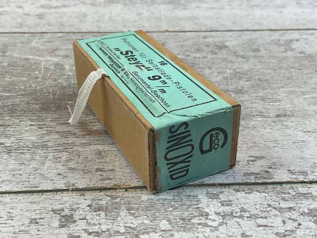 GUSTAV GENSCHOW & CO. (GECO) SINOXID 9MM STEYR AMMO, FULL BOX, RARE & VINTAGE #6-07023-PF